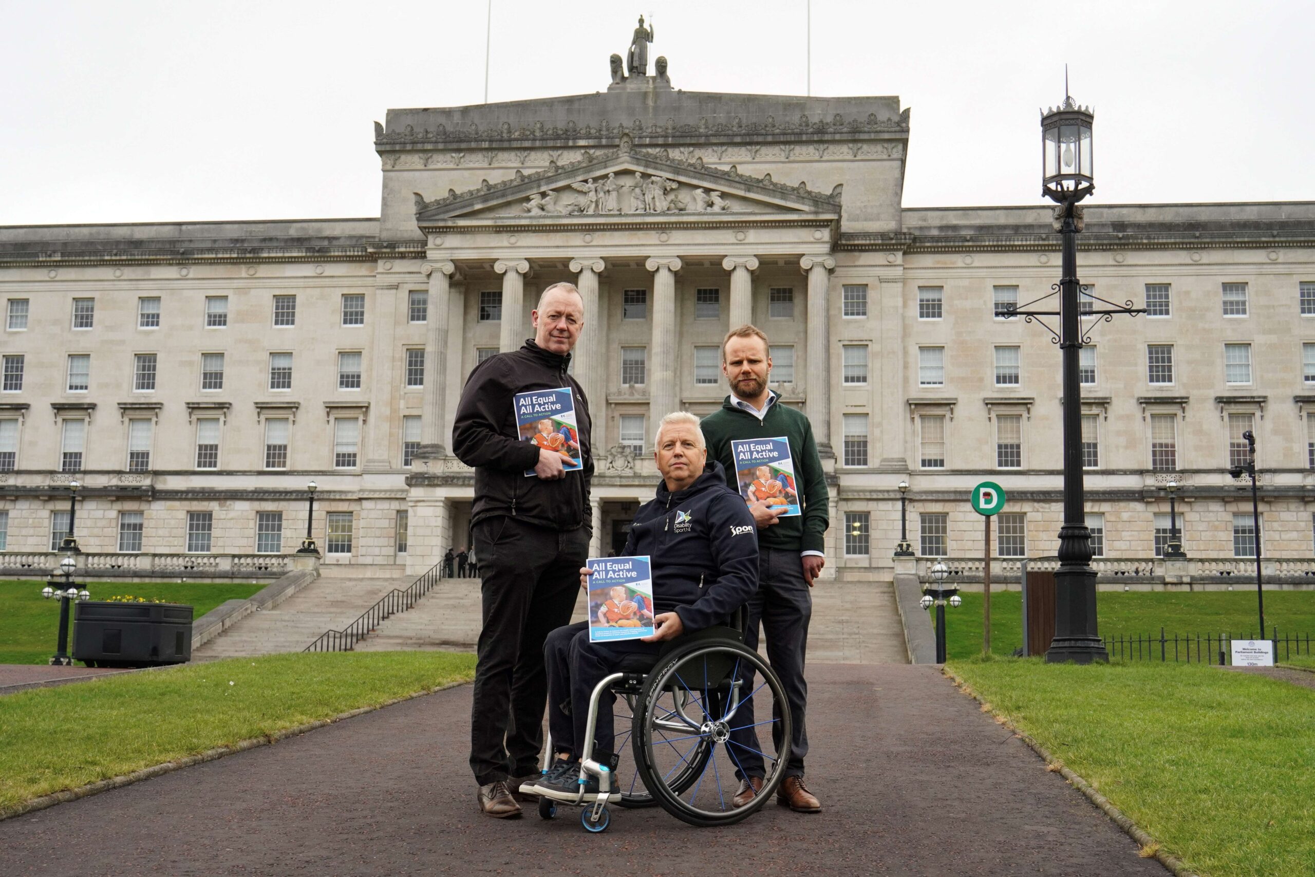 (L-R) Image shows Kevin O’Neill (Disability Sport NI CEO), Aubrey Bingham (Disability Sport NI Community Sport Manager) and Paddy Marshall (Disability Sport NI Chair) launching the campaign at Parliament Buildings, Stormont Estate.